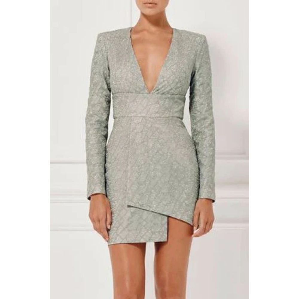 Misha Collection Metallic Sage Gray Lace Luxury Natasha Mini Dress Size 4